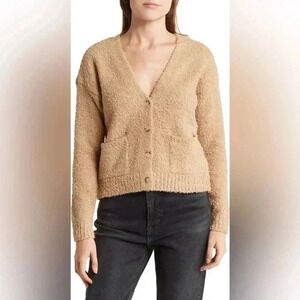 Olivia Sky Teddy Yarn Button-Up Cardigan, Tan, Size Medium